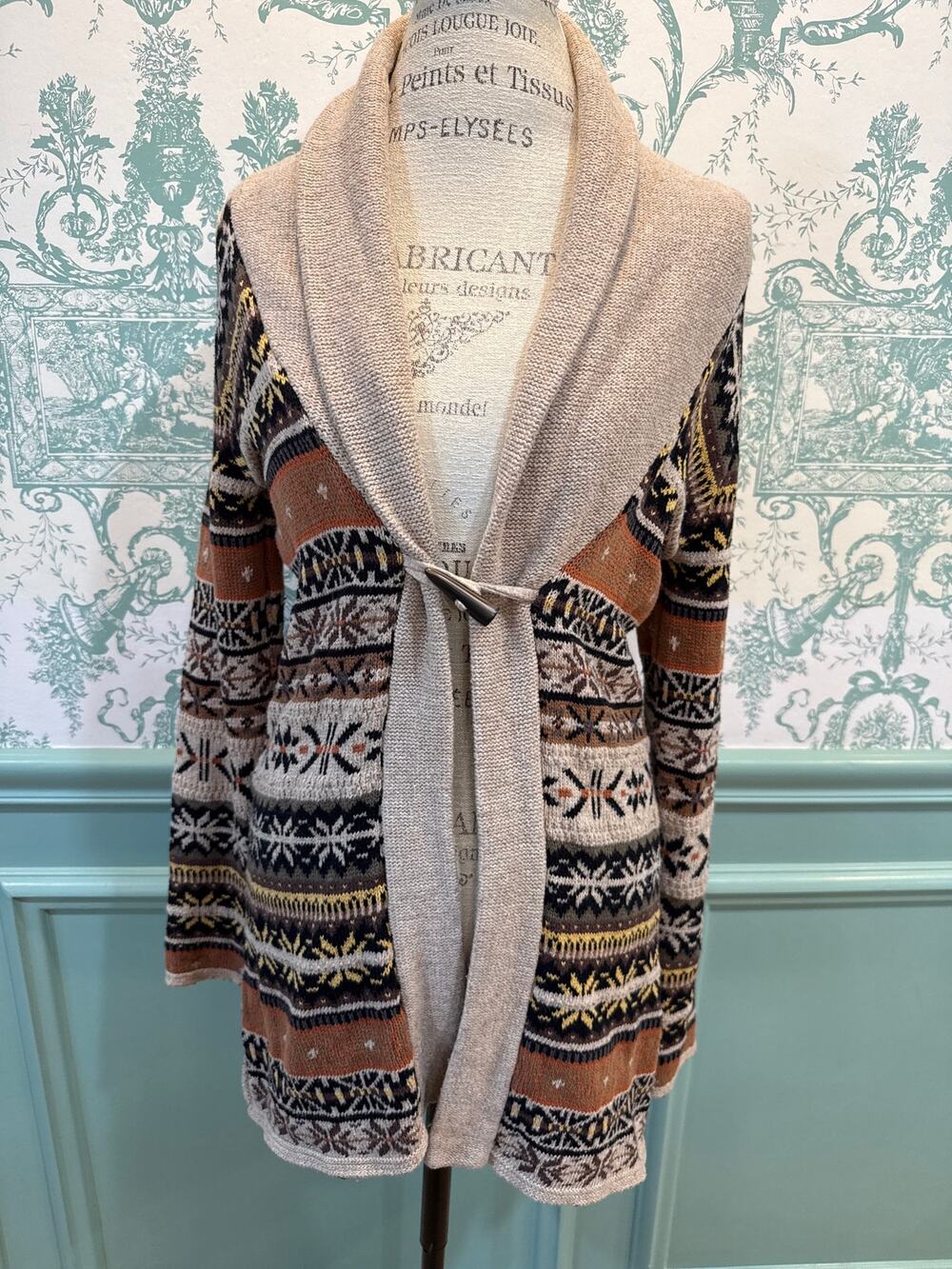 H&M Fair Isle Shawl Collar Cardigan Sweater Toggle Button Long Duster - Medium